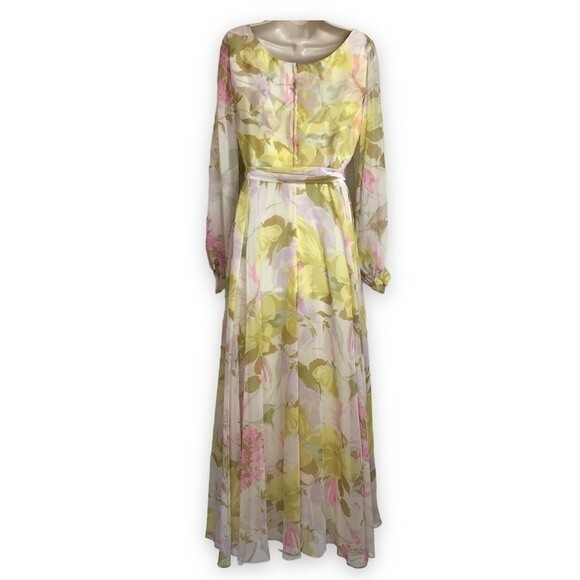 Vintage 1970s Floral Chiffon Maxi Dress Long Sleeve Tie Belt Back Zip Medium - Picture 3 of 14